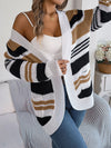 Women Casual Color Block Stripe Pocket Long Sleeve Cardigan Sweater