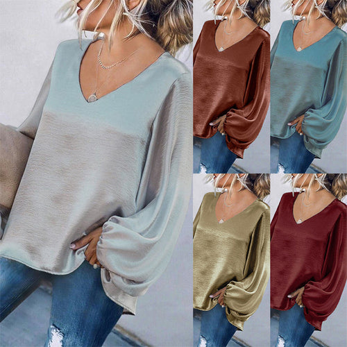 Women's Long-Sleeved Loose V-Neck Solid Color Top