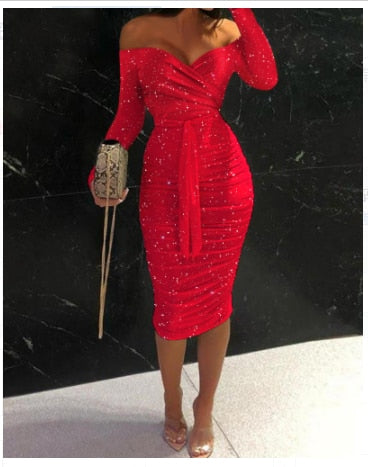 Elegant Skinny Party Robe Lady Formal Evening Clothing  Plain Lace Up Off Shoulder Midi Bodycon Dress